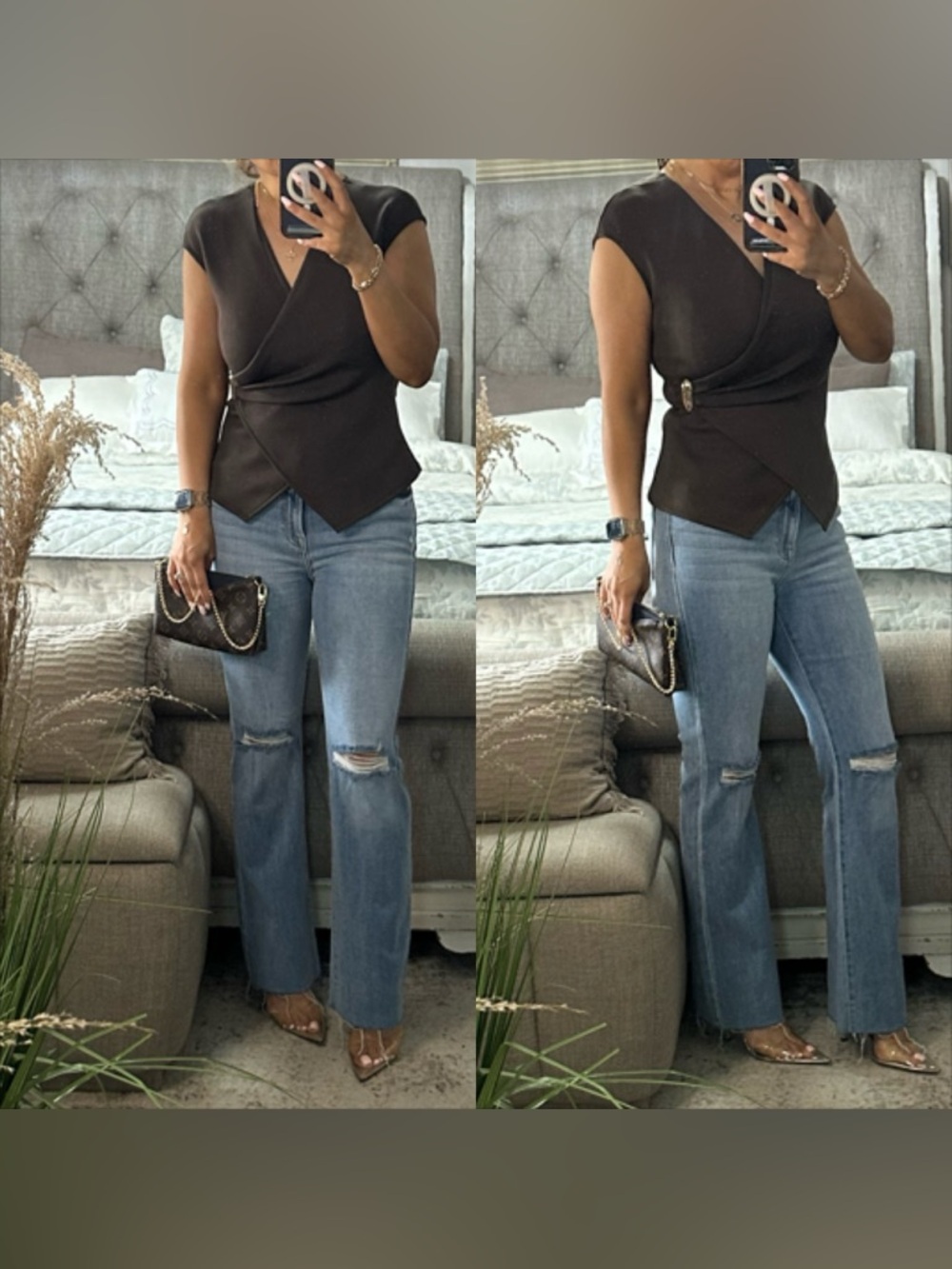 New✨ Chic Cocoa Wrap Style Buckle Detail Top